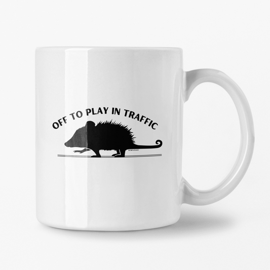 Off To Play In Traffic Opossum White Glossy Mug