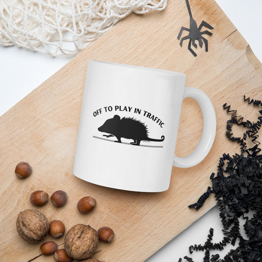 Off To Play In Traffic Opossum White Glossy Mug