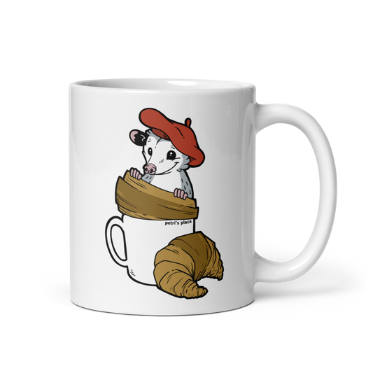 Petri's Place - Pierre In A Beret, In A Croissant, In A Coffee Cup - White Glossy Mug