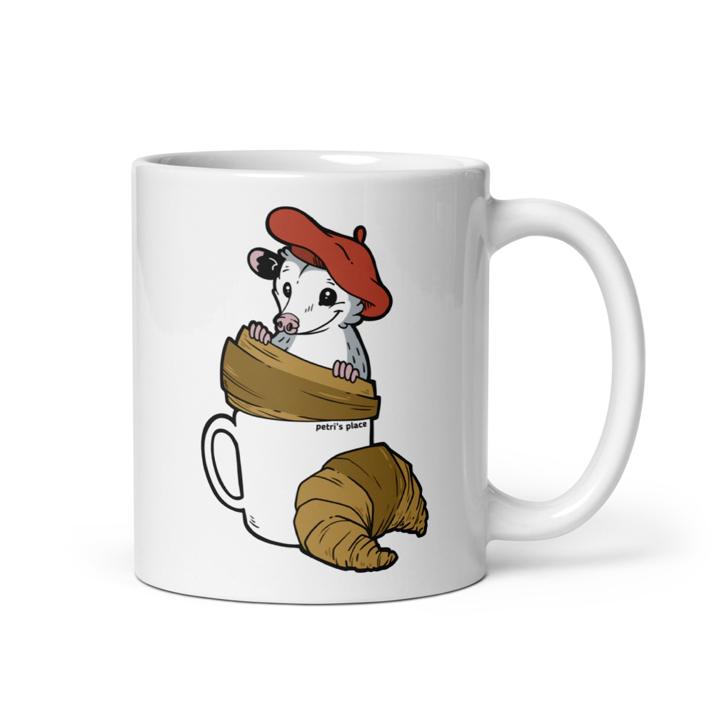 Petri's Place - Pierre In A Beret, In A Croissant, In A Coffee Cup - White Glossy Mug